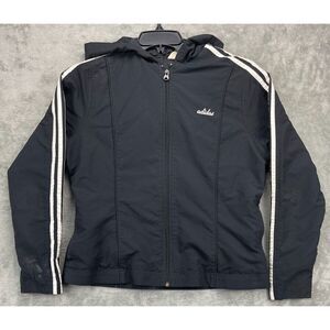 Adidas Women's‎ 3 Stripe Jacket Windbreaker Athletic Cursive Logo L Full Zip